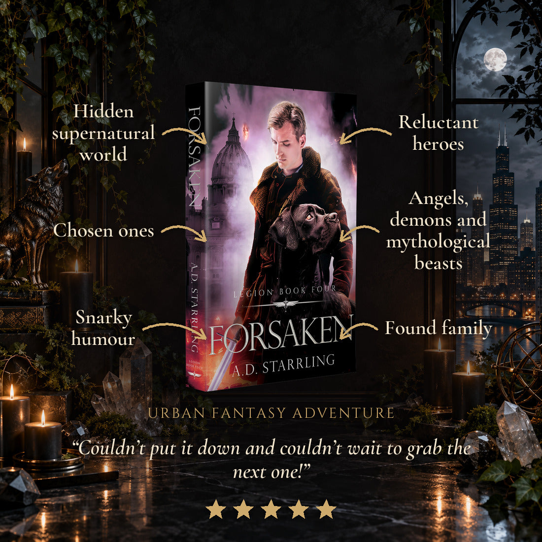 Forsaken Paperback tropes: Hidden supernatural world, Chosen ones, Snarky humour, Reluctant heroes, Angels, demons and mythological beasts, Found family. Five-star reader review.