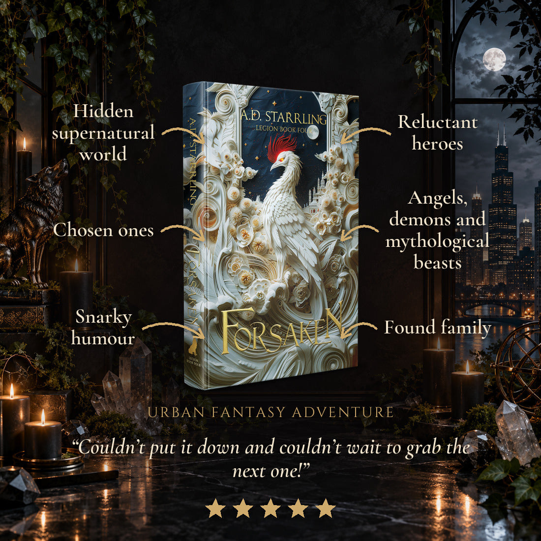 Forsaken Special Edition Hardback tropes: Hidden supernatural world, Chosen ones, Snarky humour, Reluctant heroes, Angels, demons and mythological beasts, Found family. Five-star reader review.