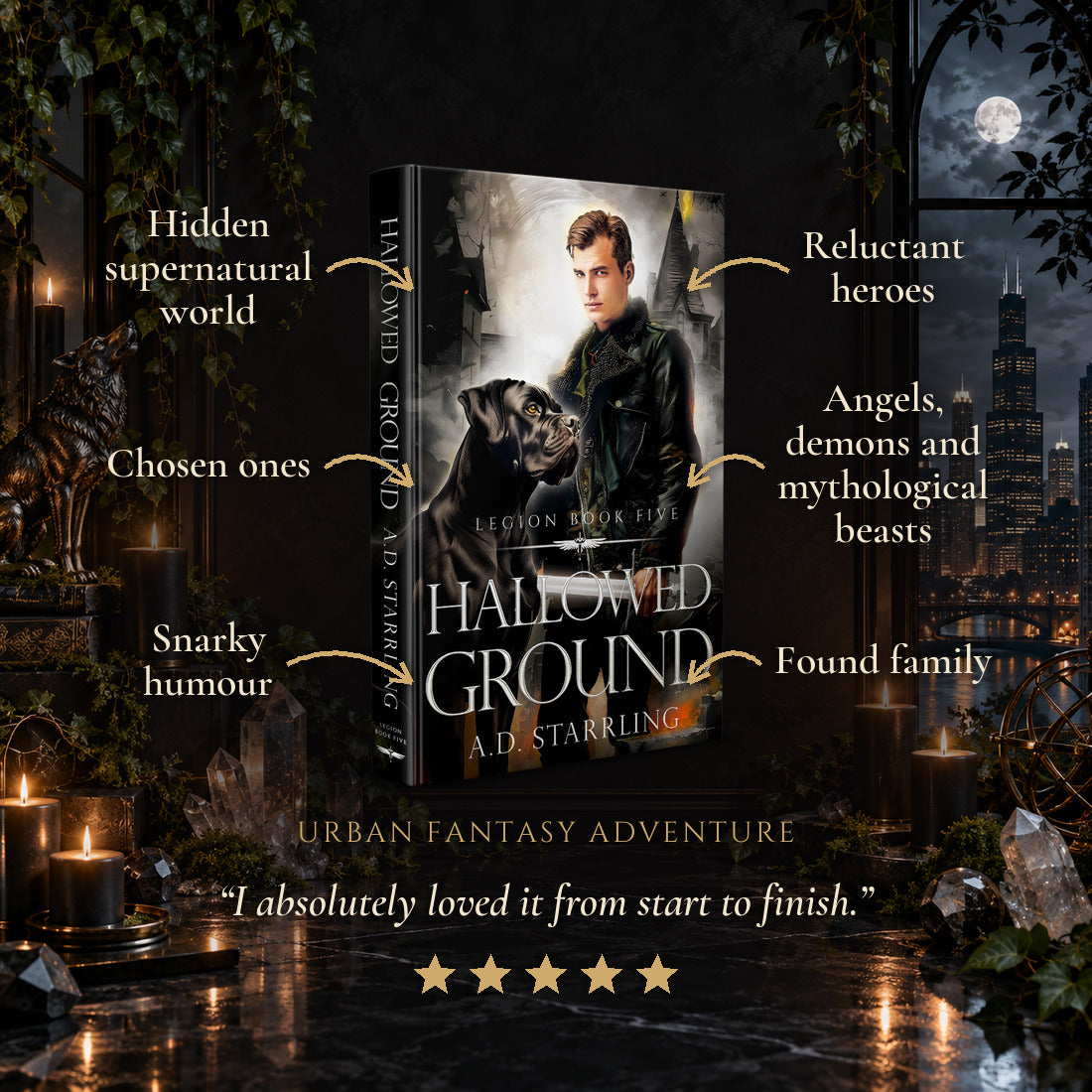 Hallowed Ground Hardback tropes: Hidden supernatural world, Chosen ones, Snarky humour, Reluctant heroes, Angels, demons and mythological beasts, Found family. Five-star reader review.