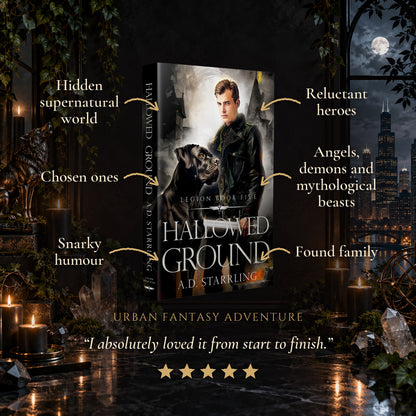 Hallowed Ground Paperback tropes: Hidden supernatural world, Chosen ones, Snarky humour, Reluctant heroes, Angels, demons and mythological beasts, Found family. Five-star reader review.