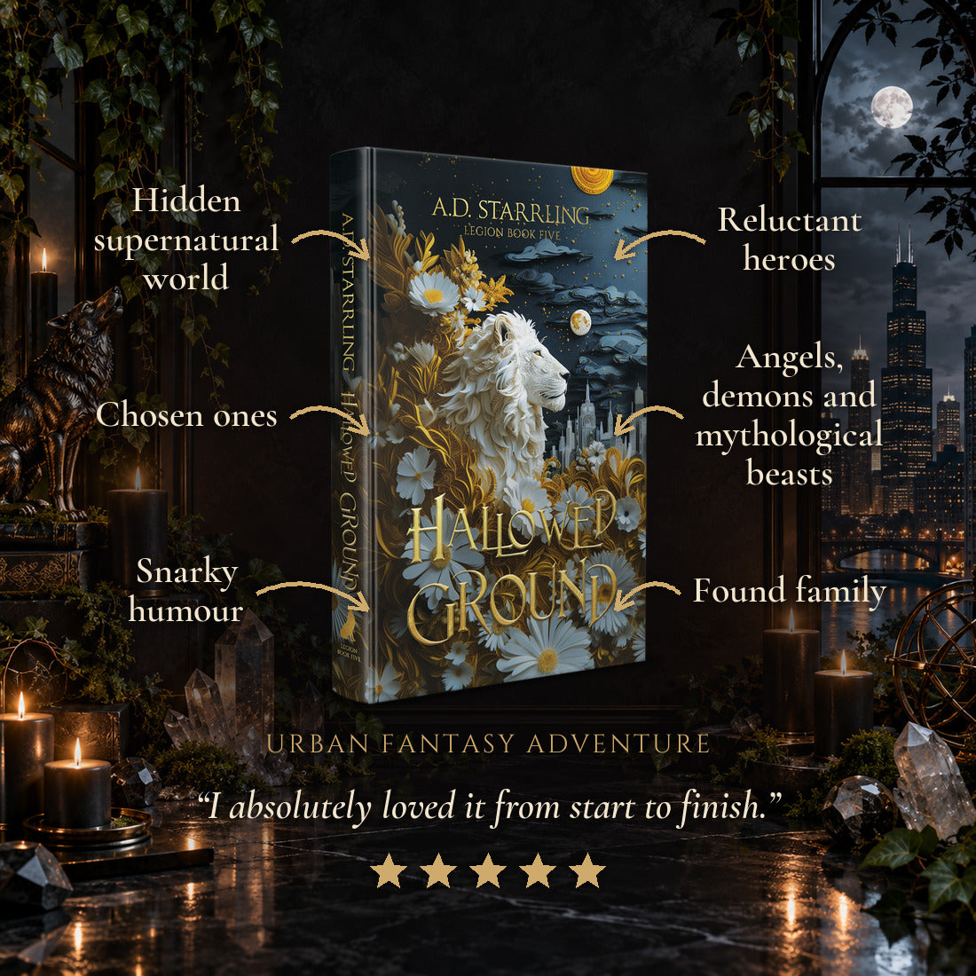Hallowed Ground Special Edition Hardback tropes: Hidden supernatural world, Chosen ones, Snarky humour, Reluctant heroes, Angels, demons and mythological beasts, Found family. Five-star reader review.