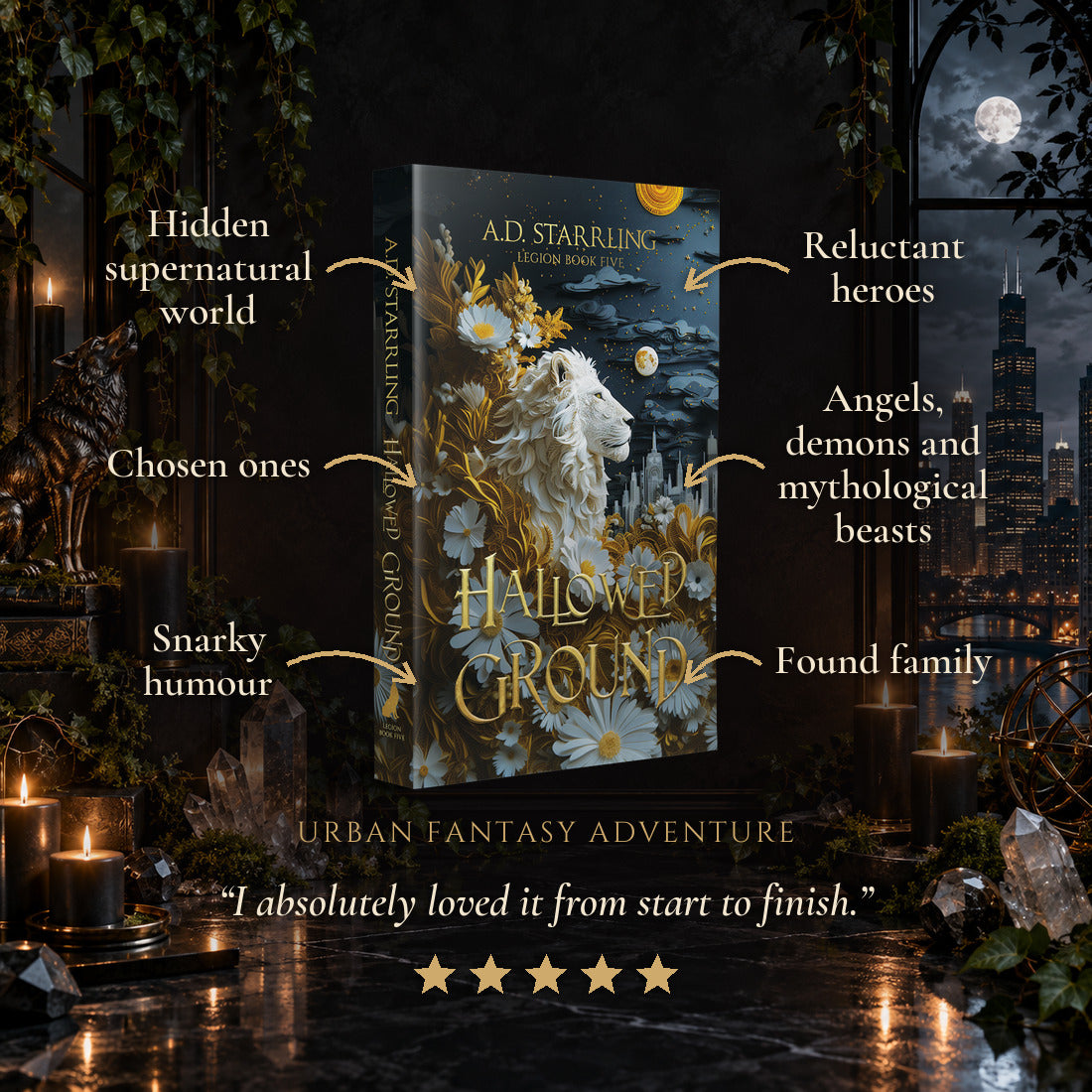 Hallowed Ground Special Edition Paperback tropes: Hidden supernatural world, Chosen ones, Snarky humour, Reluctant heroes, Angels, demons and mythological beasts, Found family. Five-star reader review.