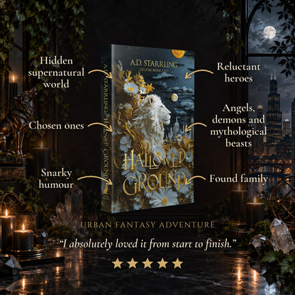 Hallowed Ground Special Edition Paperback tropes: Hidden supernatural world, Chosen ones, Snarky humour, Reluctant heroes, Angels, demons and mythological beasts, Found family. Five-star reader review.