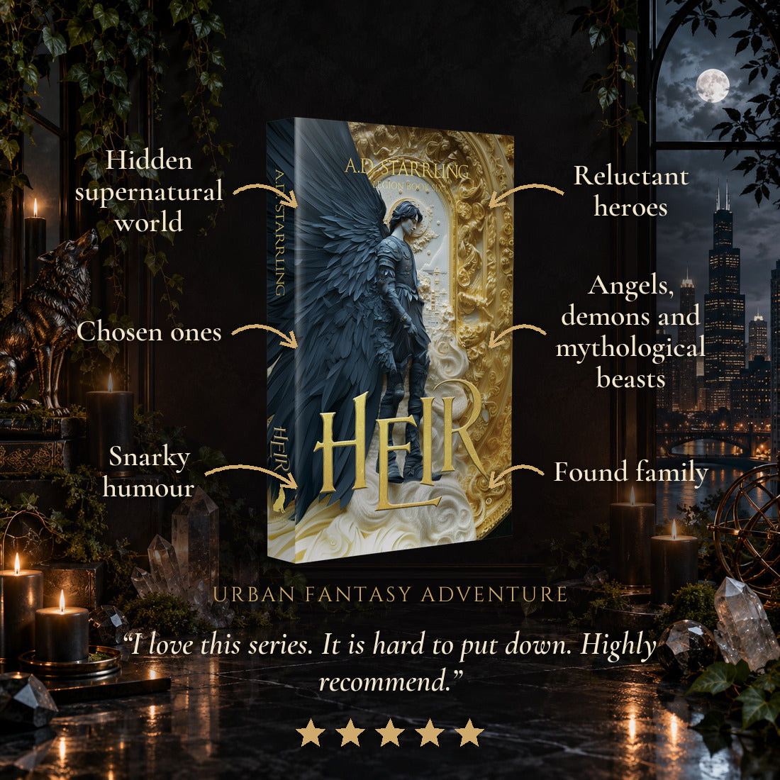 Heir Special Edition Paperback tropes: Hidden supernatural world, Chosen ones, Snarky humour, Reluctant heroes, Angels, demons and mythological beasts, Found family. Five-star reader review.