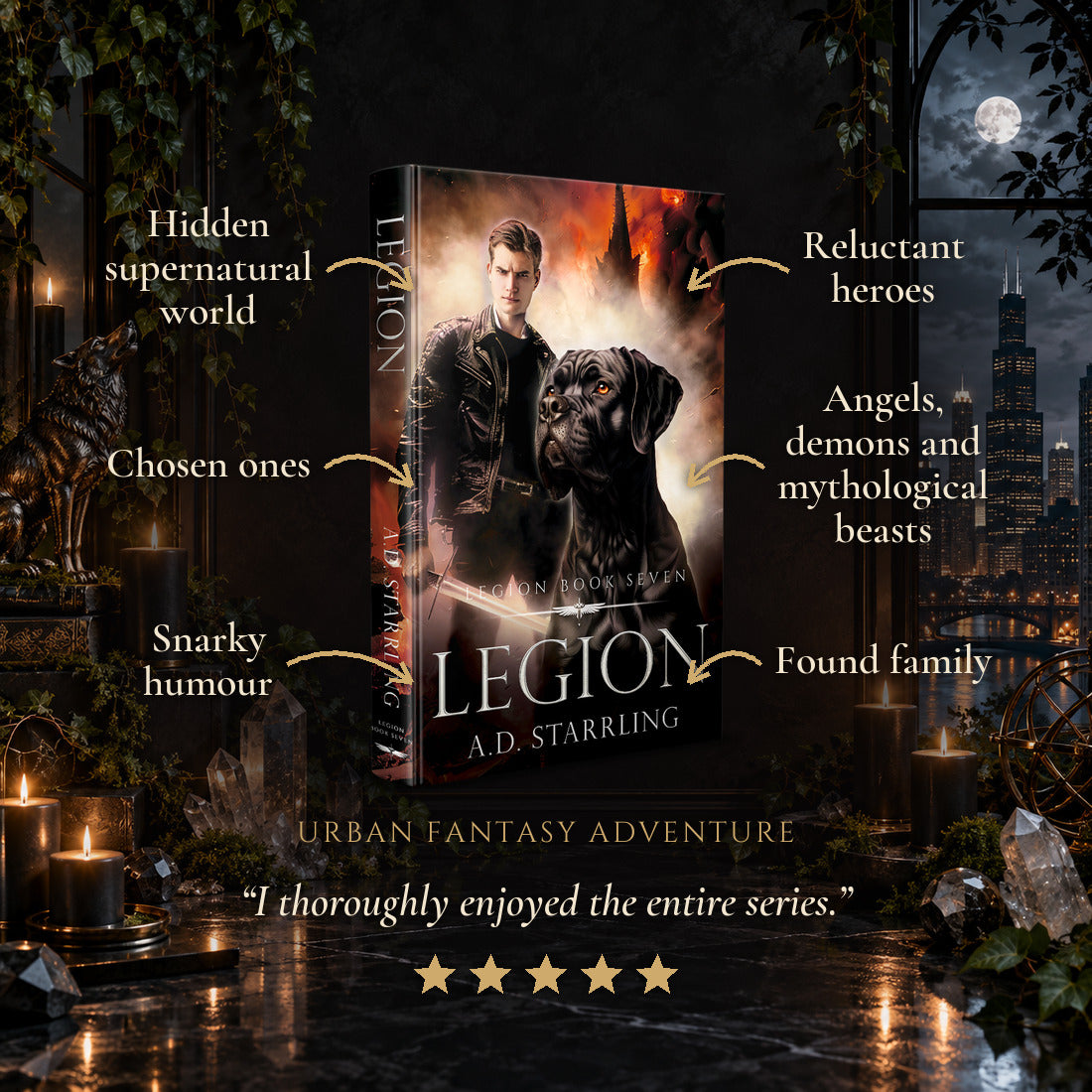 Legion Hardback tropes: Hidden supernatural world, Chosen ones, Snarky humour, Reluctant heroes, Angels, demons and mythological beasts, Found family. Five-star reader review.