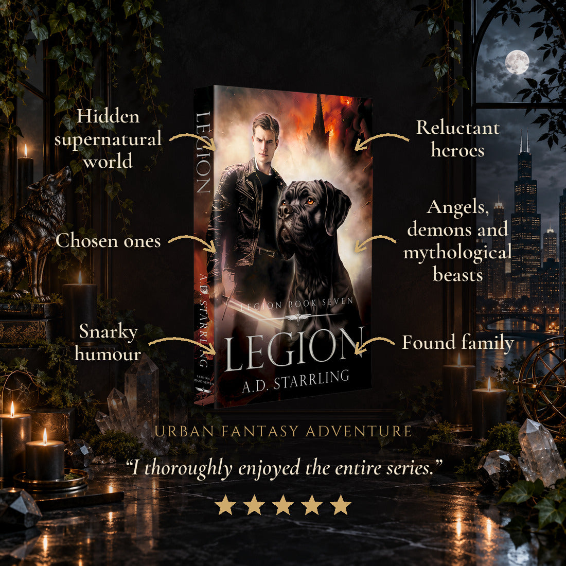 Legion Paperback tropes: Hidden supernatural world, Chosen ones, Snarky humour, Reluctant heroes, Angels, demons and mythological beasts, Found family. Five-star reader review.