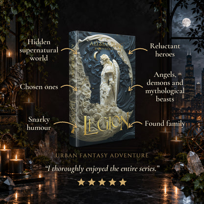 Legion Special Edition Hardback tropes: Hidden supernatural world, Chosen ones, Snarky humour, Reluctant heroes, Angels, demons and mythological beasts, Found family. Five-star reader review.