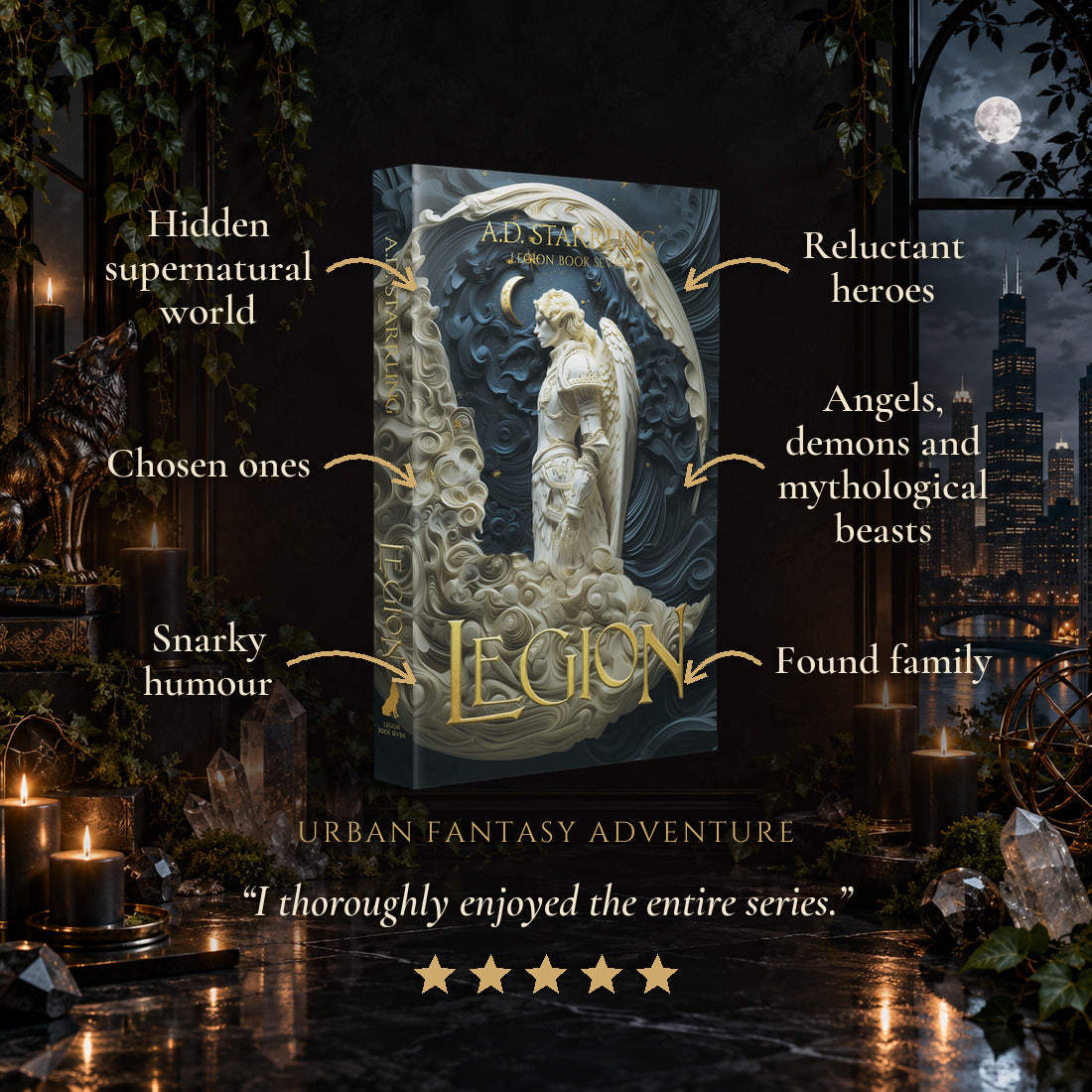 Legion Special Edition Paperback tropes: Hidden supernatural world, Chosen ones, Snarky humour, Reluctant heroes, Angels, demons and mythological beasts, Found family. Five-star reader review.