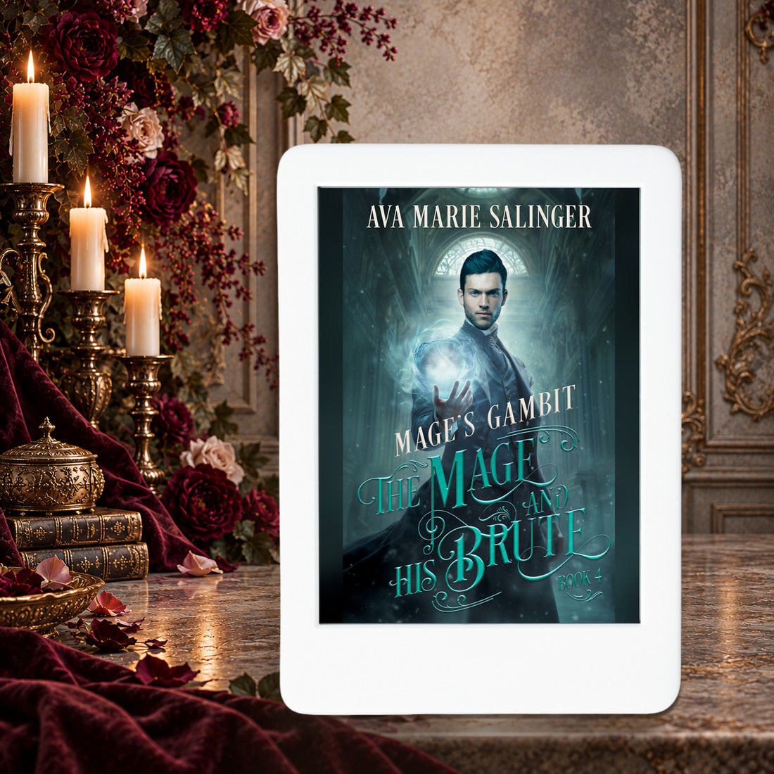 Mage's Gambit ebook on a white ereader on a candlelit Victorian table, The Mage and His Brute Book 4 by Ava Marie Salinger