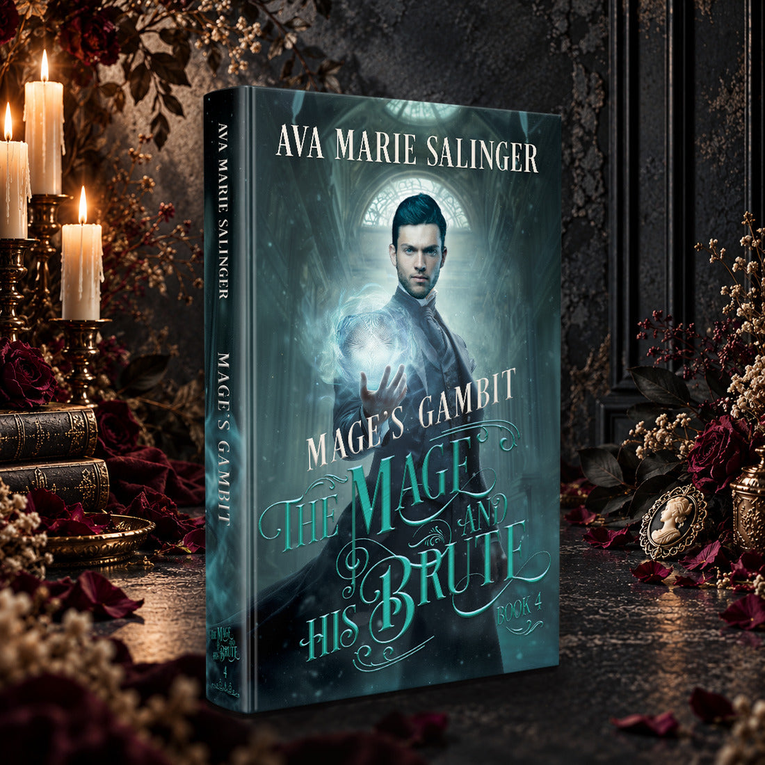 Mage's Gambit hardback among candles and dark roses, The Mage and His Brute Book 4 by Ava Marie Salinger