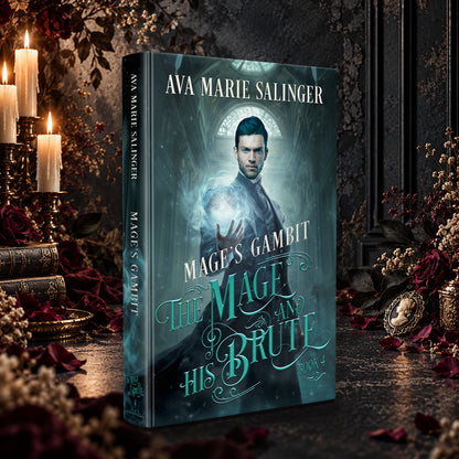 Mage's Gambit hardback among candles and dark roses, The Mage and His Brute Book 4 by Ava Marie Salinger
