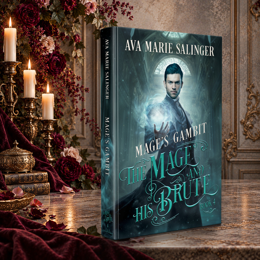 Mage's Gambit hardback by Ava Marie Salinger on a candlelit Victorian table, The Mage and His Brute Book 4