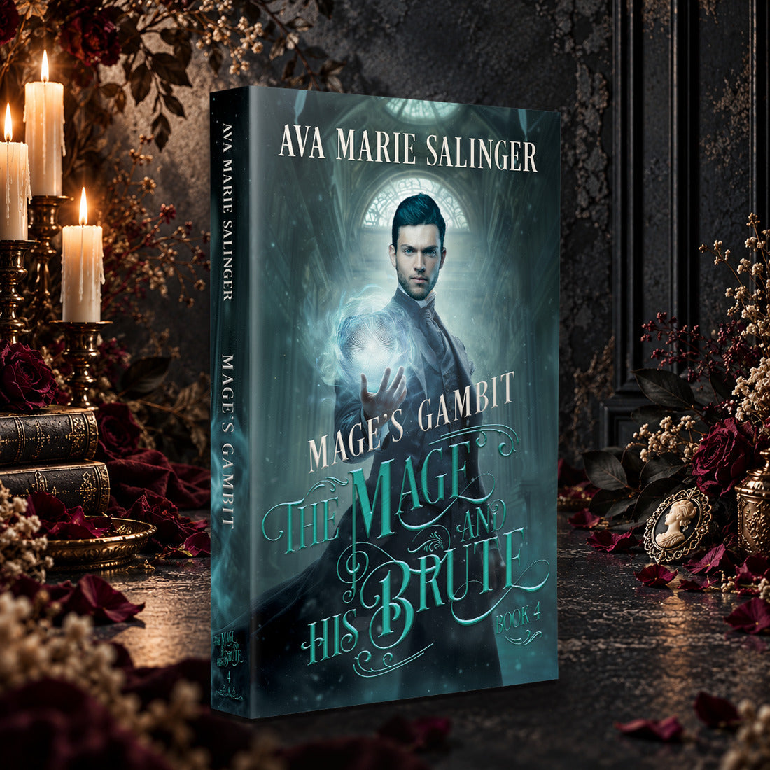 Mage's Gambit paperback among candles and dark roses, The Mage and His Brute Book 4 by Ava Marie Salinger