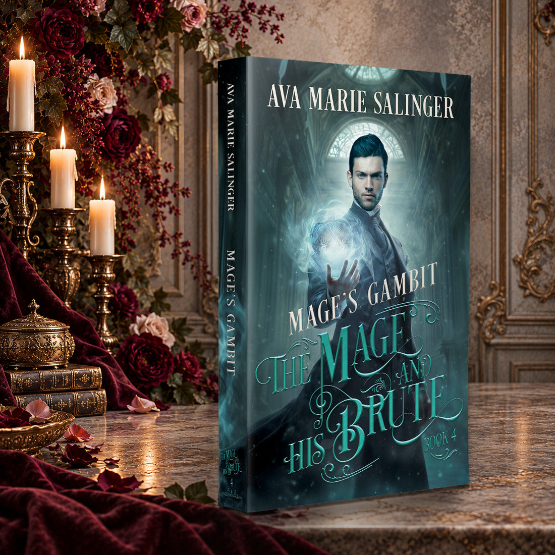 Mage's Gambit paperback by Ava Marie Salinger on a candlelit Victorian table, The Mage and His Brute Book 4