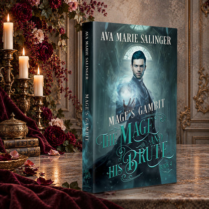 Mage's Gambit paperback by Ava Marie Salinger on a candlelit Victorian table, The Mage and His Brute Book 4