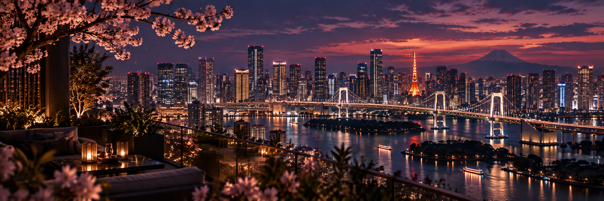 Nights contemporary MM romance Tokyo skyline banner at twilight