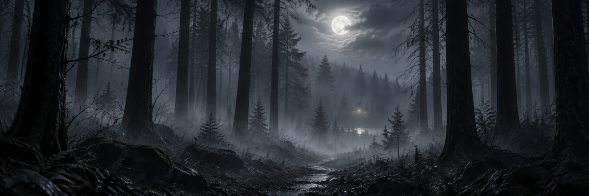 Cinematic moonlit foggy forest path for the Stand Alones horror collection