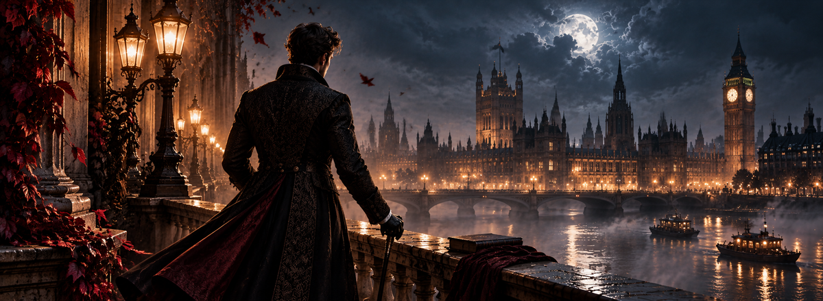 The Mage and His Brute cinematic Victorian London banner with a nobleman overlooking Westminster at night