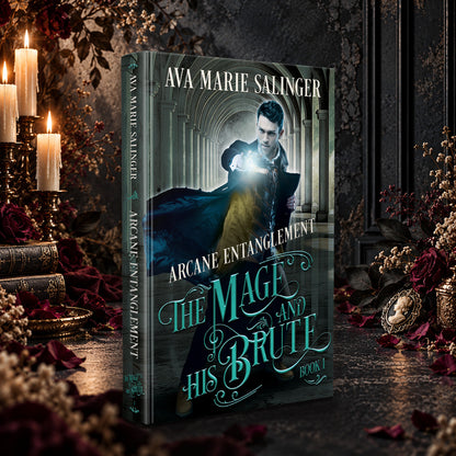 Arcane Entanglement (The Mage and His Brute Book 1) Hardback by Ava Marie Salinger among candles, red roses and a cameo pendant