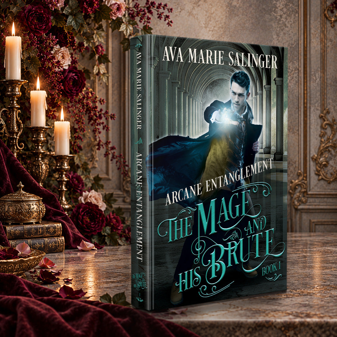 Arcane Entanglement (The Mage and His Brute Book 1) Hardback by Ava Marie Salinger on a candlelit marble table with red roses and gold candlesticks