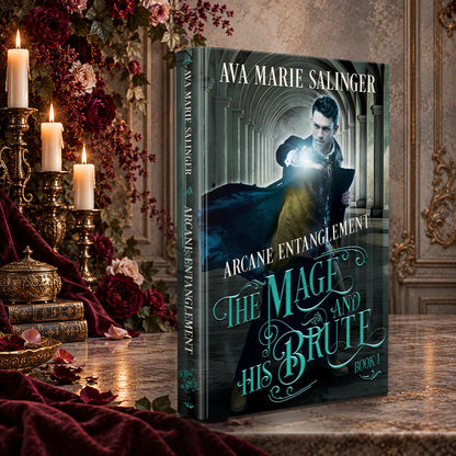 Arcane Entanglement (The Mage and His Brute Book 1) Hardback by Ava Marie Salinger on a candlelit marble table with red roses and gold candlesticks