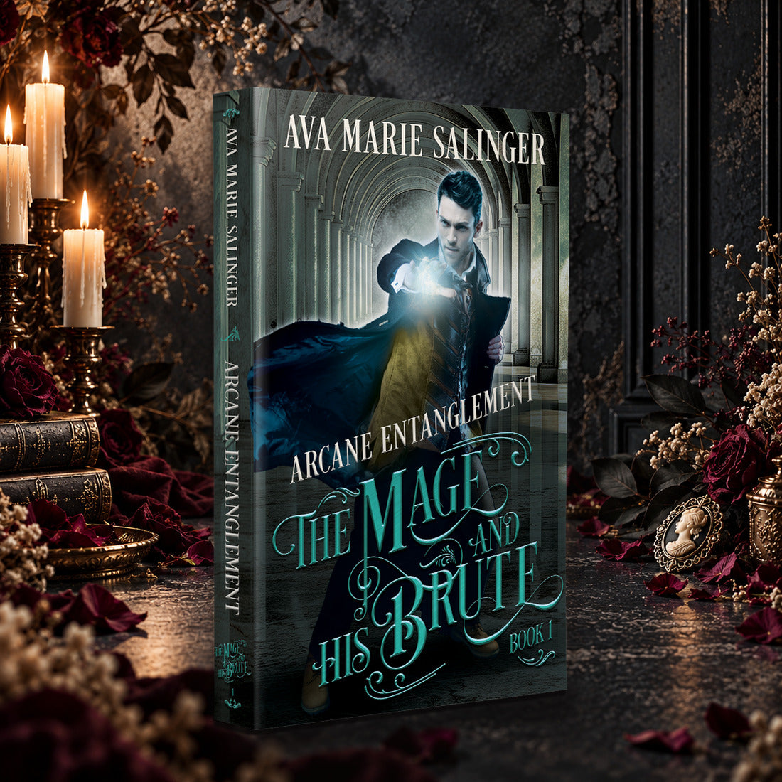 Arcane Entanglement (The Mage and His Brute Book 1) Paperback by Ava Marie Salinger among candles, red roses and a cameo pendant