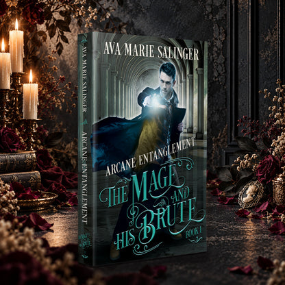 Arcane Entanglement (The Mage and His Brute Book 1) Paperback by Ava Marie Salinger among candles, red roses and a cameo pendant