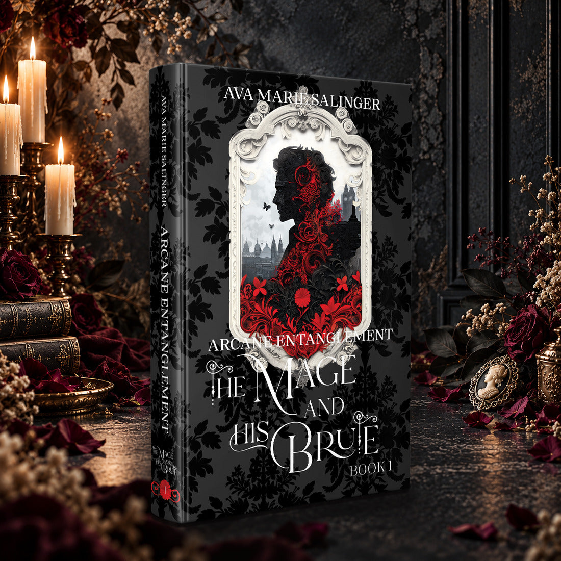 Arcane Entanglement (The Mage and His Brute Book 1) Special Edition Hardback by Ava Marie Salinger among candles, red roses and a cameo pendant