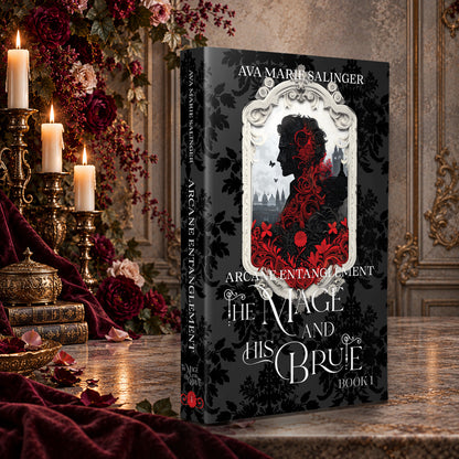 Arcane Entanglement (The Mage and His Brute Book 1) Special Edition Paperback by Ava Marie Salinger on a candlelit marble table with red roses and gold candlesticks