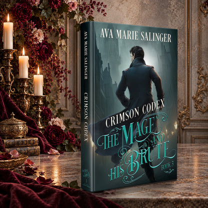 Crimson Codex (The Mage and His Brute Book 3) Hardback by Ava Marie Salinger on a candlelit marble table with red roses and gold candlesticks