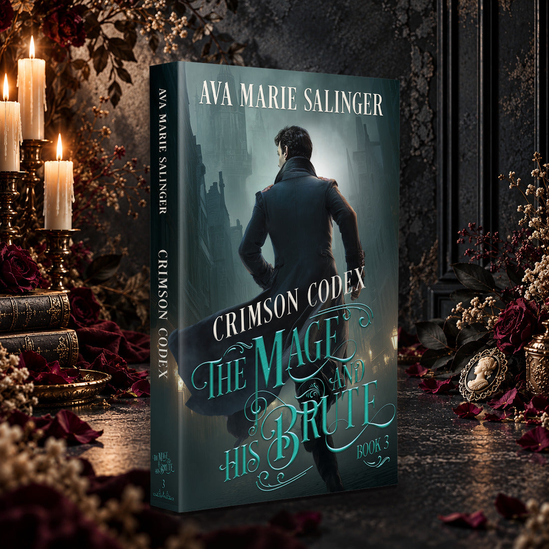 Crimson Codex (The Mage and His Brute Book 3) Paperback by Ava Marie Salinger among candles, red roses and a cameo pendant