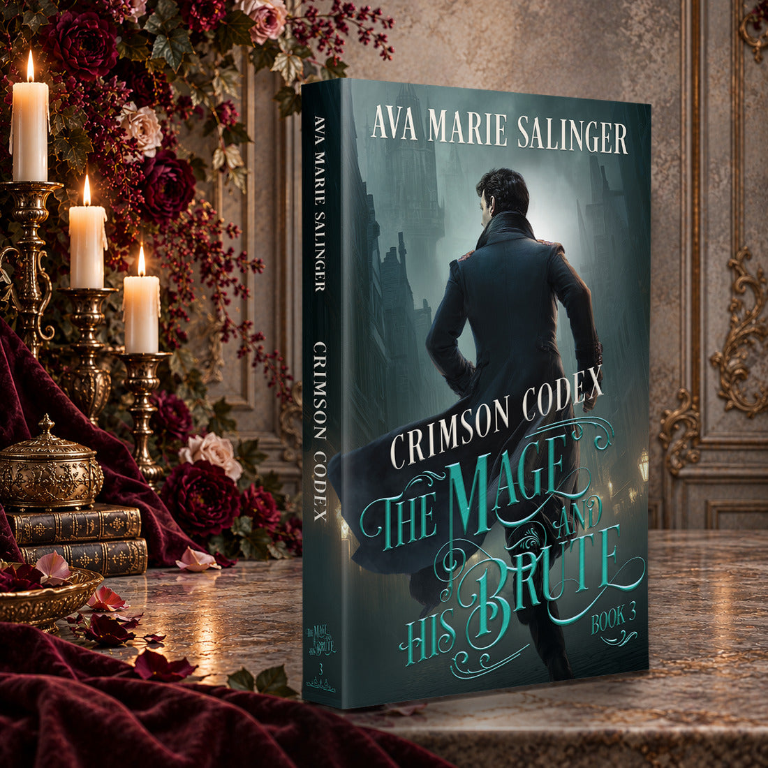 Crimson Codex (The Mage and His Brute Book 3) Paperback by Ava Marie Salinger on a candlelit marble table with red roses and gold candlesticks