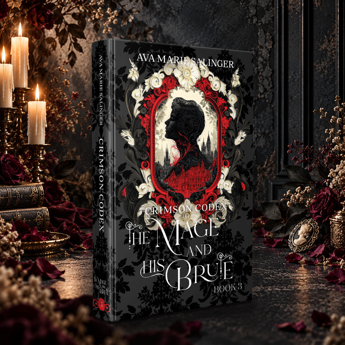Crimson Codex (The Mage and His Brute Book 3) Special Edition Hardback by Ava Marie Salinger among candles, red roses and a cameo pendant