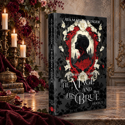 Crimson Codex (The Mage and His Brute Book 3) Special Edition Hardback by Ava Marie Salinger on a candlelit marble table with red roses and gold candlesticks
