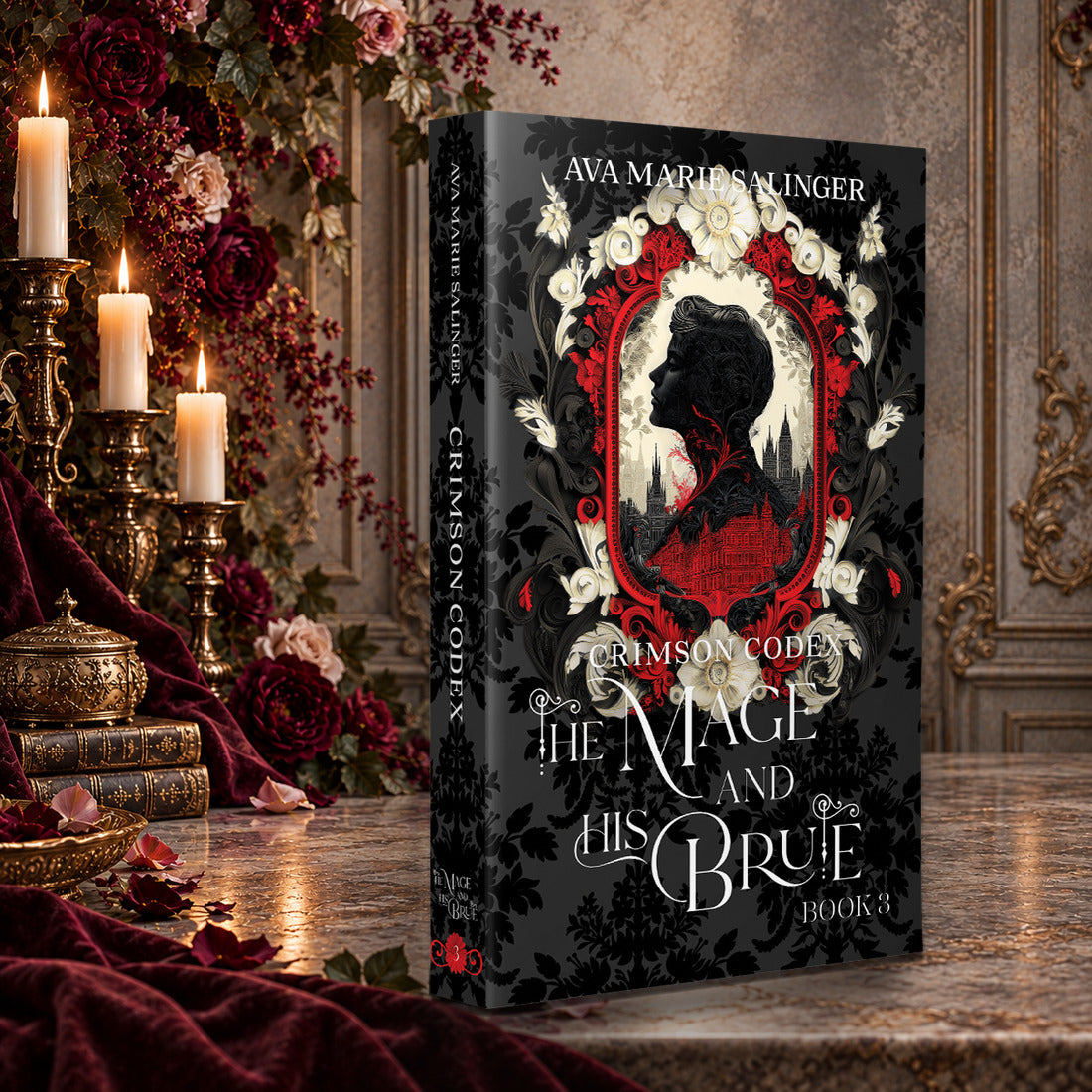 Crimson Codex (The Mage and His Brute Book 3) Special Edition Paperback by Ava Marie Salinger on a candlelit marble table with red roses and gold candlesticks