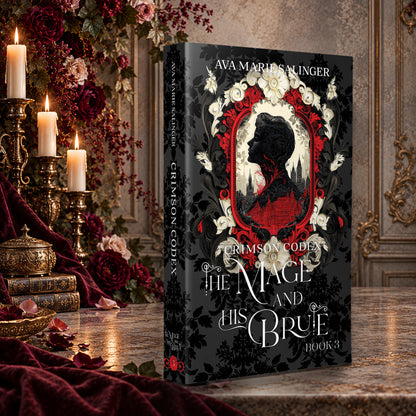 Crimson Codex (The Mage and His Brute Book 3) Special Edition Paperback by Ava Marie Salinger on a candlelit marble table with red roses and gold candlesticks