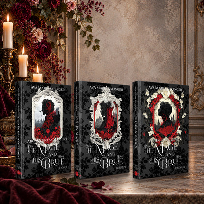 The Mage and His Brute Books 1-3 Special Edition Hardback starter bundle by Ava Marie Salinger: Arcane Entanglement, Stolen Magic and Crimson Codex on a candlelit marble table with red roses