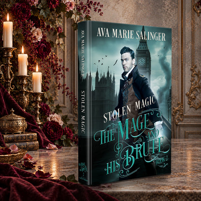 Stolen Magic (The Mage and His Brute Book 2) Hardback by Ava Marie Salinger on a candlelit marble table with red roses and gold candlesticks