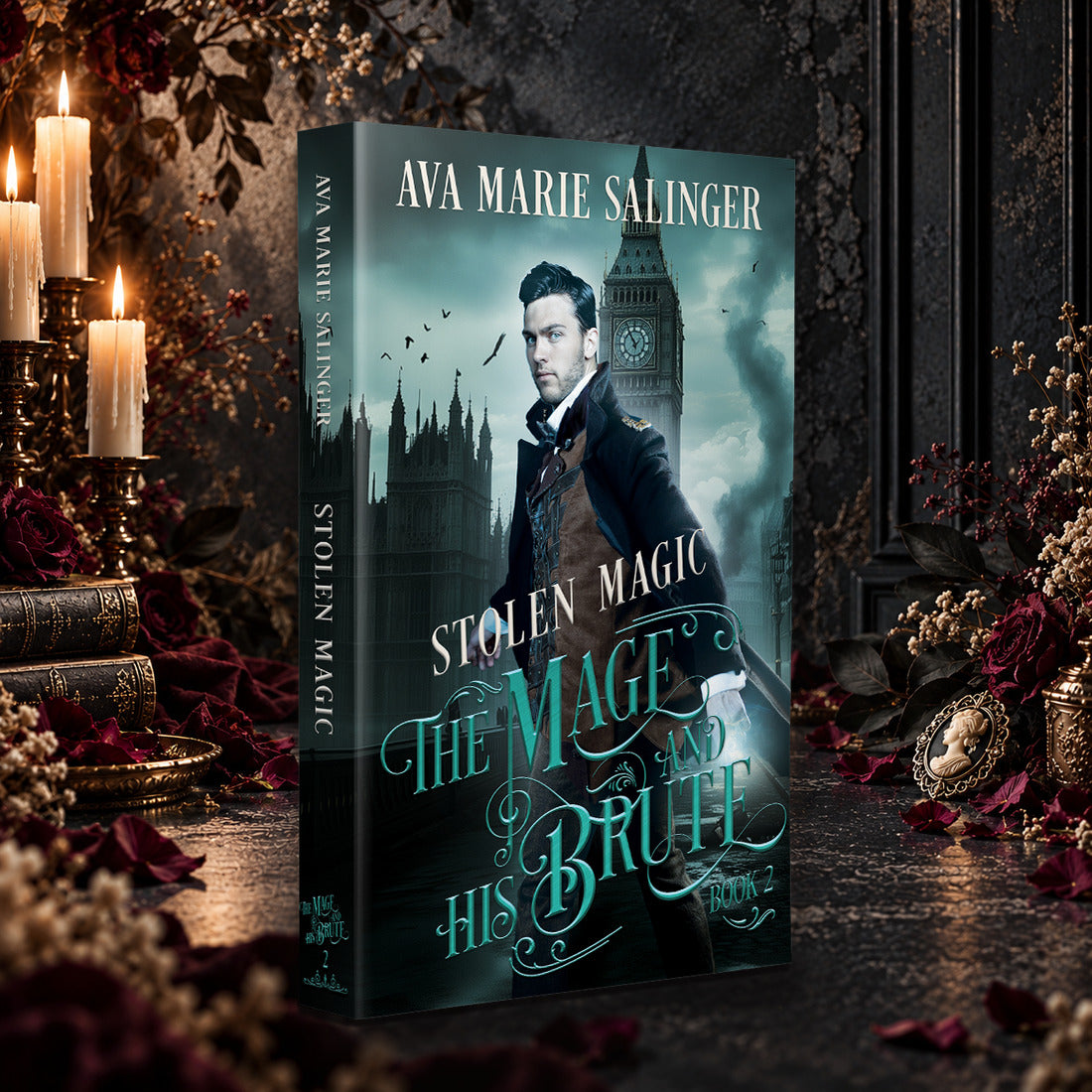 Stolen Magic (The Mage and His Brute Book 2) Paperback by Ava Marie Salinger among candles, red roses and a cameo pendant