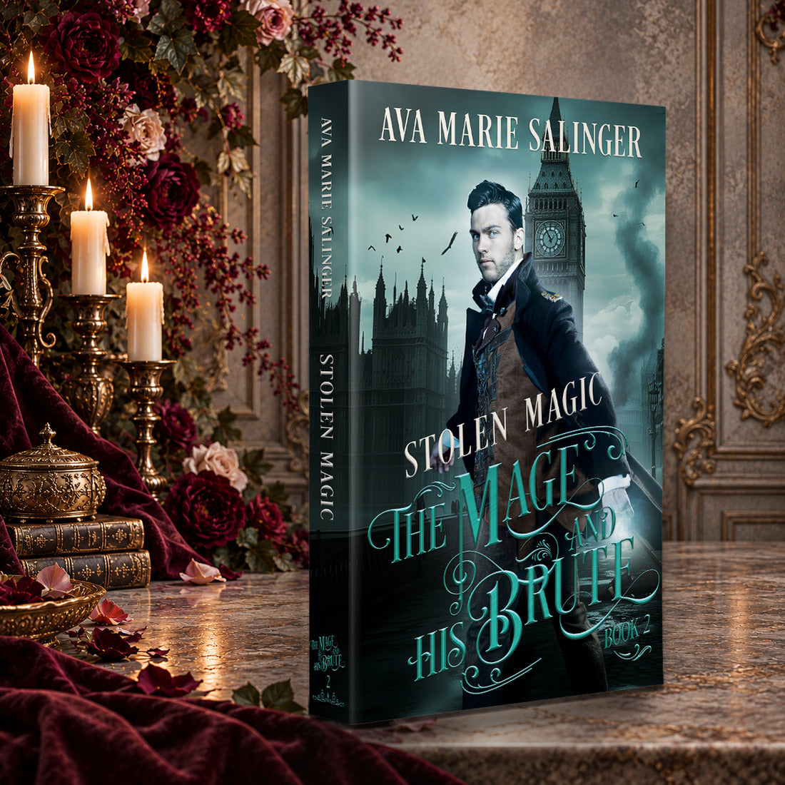 Stolen Magic (The Mage and His Brute Book 2) Paperback by Ava Marie Salinger on a candlelit marble table with red roses and gold candlesticks