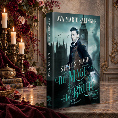 Stolen Magic (The Mage and His Brute Book 2) Paperback by Ava Marie Salinger on a candlelit marble table with red roses and gold candlesticks