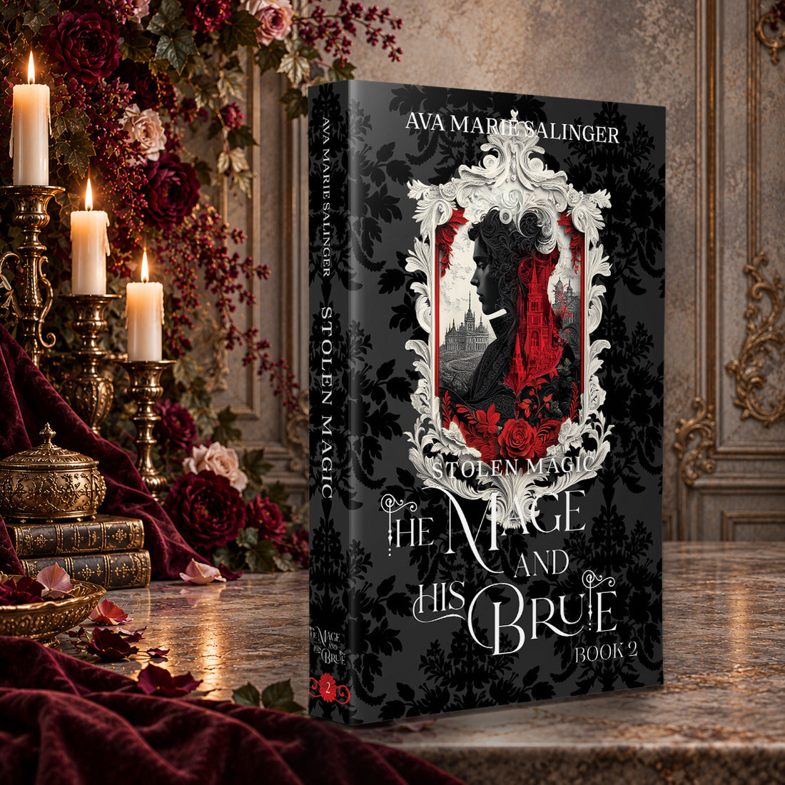 Stolen Magic (The Mage and His Brute Book 2) Special Edition Paperback by Ava Marie Salinger on a candlelit marble table with red roses and gold candlesticks