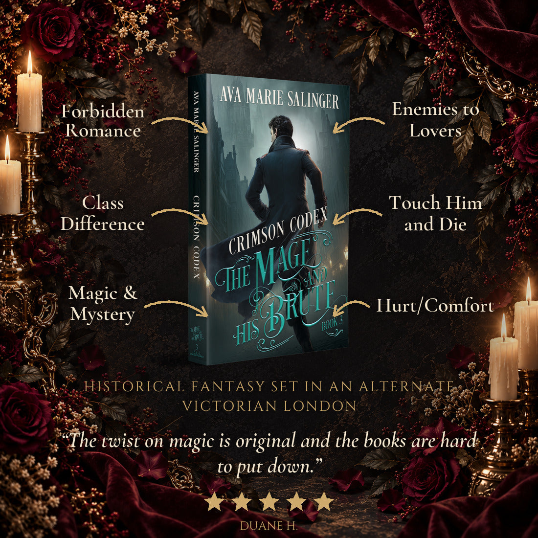 Crimson Codex Paperback tropes: Forbidden Romance, Enemies to Lovers, Class Difference, Touch Him and Die, Magic and Mystery, Hurt/Comfort. Historical fantasy set in an alternate Victorian London. Five-star reader review: The twist on magic is original and the books are hard to put down.