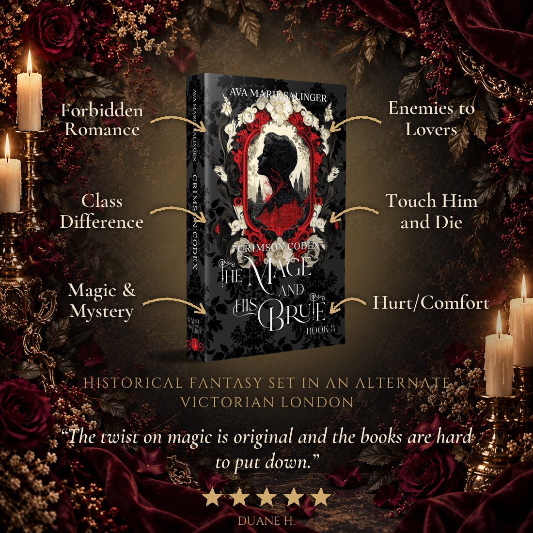 Crimson Codex Special Edition Paperback tropes: Forbidden Romance, Enemies to Lovers, Class Difference, Touch Him and Die, Magic and Mystery, Hurt/Comfort. Historical fantasy set in an alternate Victorian London. Five-star reader review: The twist on magic is original and the books are hard to put down.