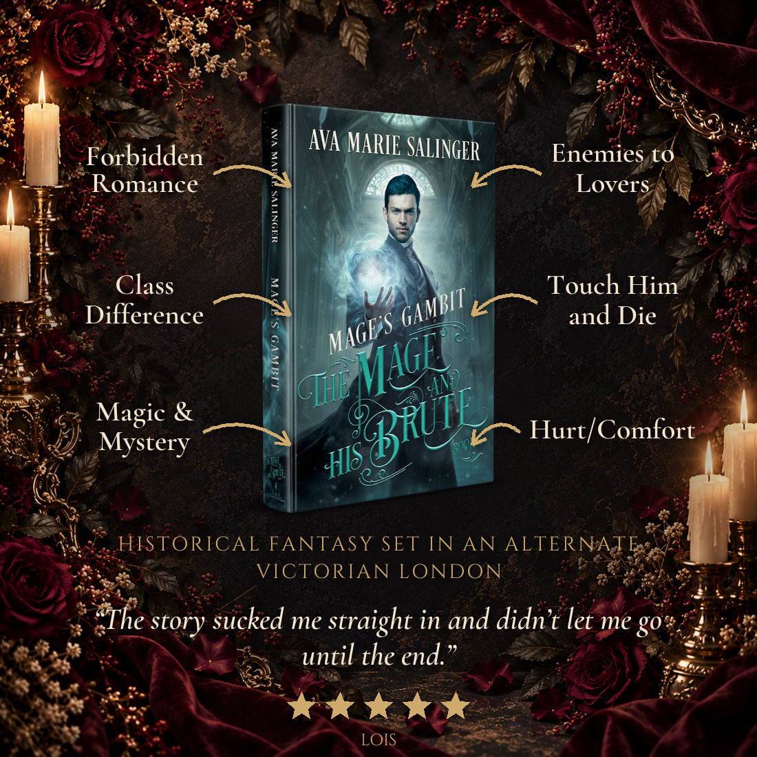 Mage's Gambit hardback with its tropes: forbidden romance, enemies to lovers, class difference, touch him and die, magic and mystery, hurt/comfort, and a 5-star reader review