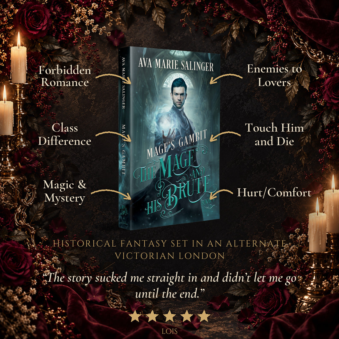 Mage's Gambit paperback with its tropes: forbidden romance, enemies to lovers, class difference, touch him and die, magic and mystery, hurt/comfort, and a 5-star reader review