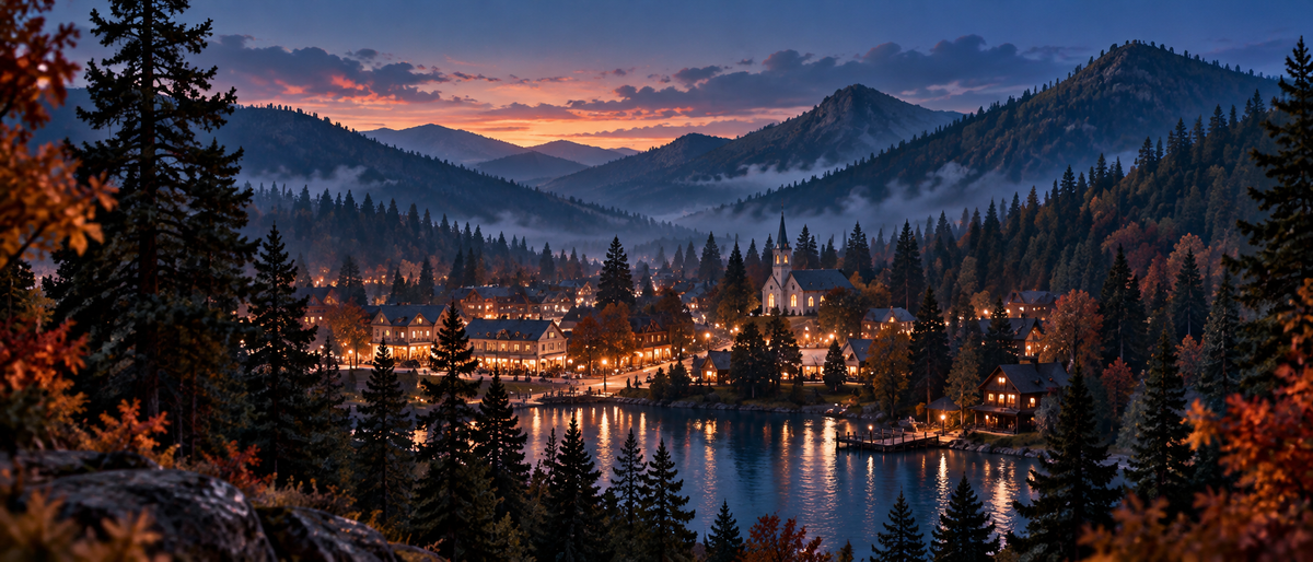 Twilight Falls contemporary MM romance series banner showing a warmly lit mountain town in the San Bernardino Mountains at twilight
