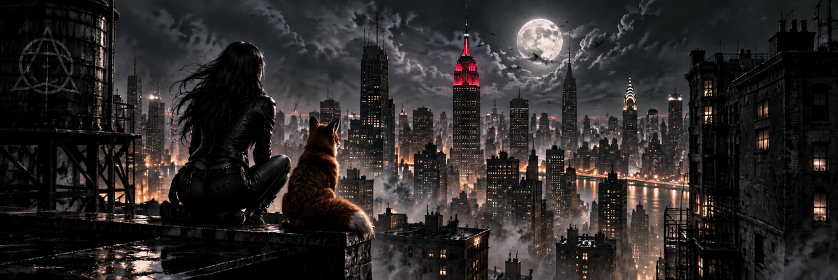 Witch Queen series atmospheric New York night skyline banner with a woman and fox seen from behind