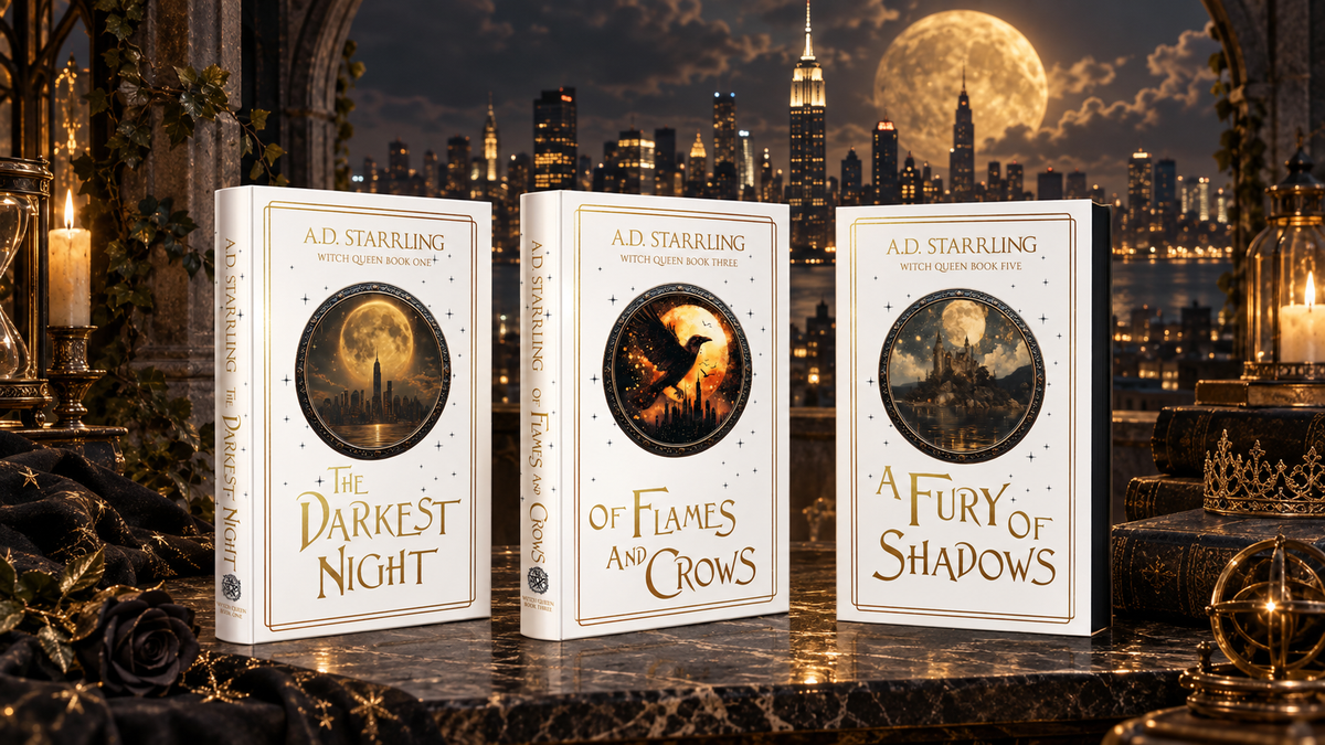 Witch Queen special editions hero featuring The Darkest Night, Of Flames and Crows, and A Fury of Shadows against New York at night