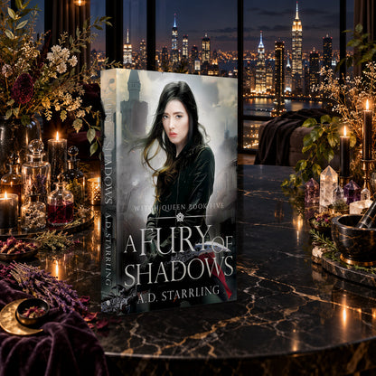 A Fury of Shadows (Witch Queen Book 5) Paperback by A.D. Starrling on a marble table among crystals and candles with the New York skyline at night